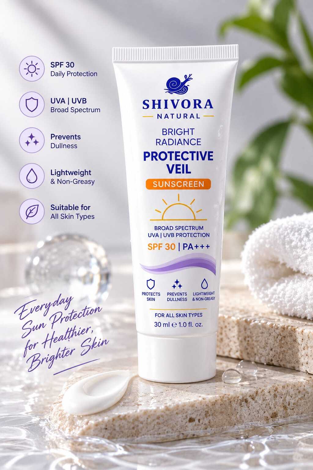 Shivora Natural Protective Veil Sunscreen 30ml - Lightweight Daily SPF Face Sunscreen Hydration
