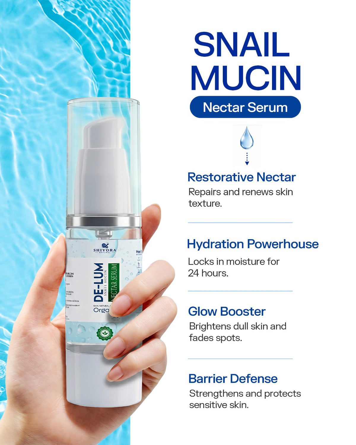 Shivora DE-LUM Snail Mucin Nectar Serum | 78.5% Filtrate Hydrating & Brightening Face Serum